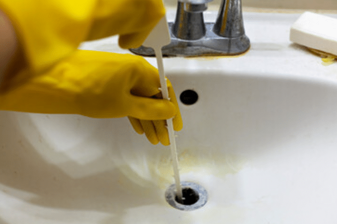 Using drain snake to clear a clogged bathroom sink